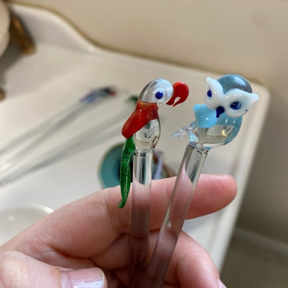 6 Assorted Set Hand Blown Glass Swizzle Sticks for Cocktails - Picture 5 of 7